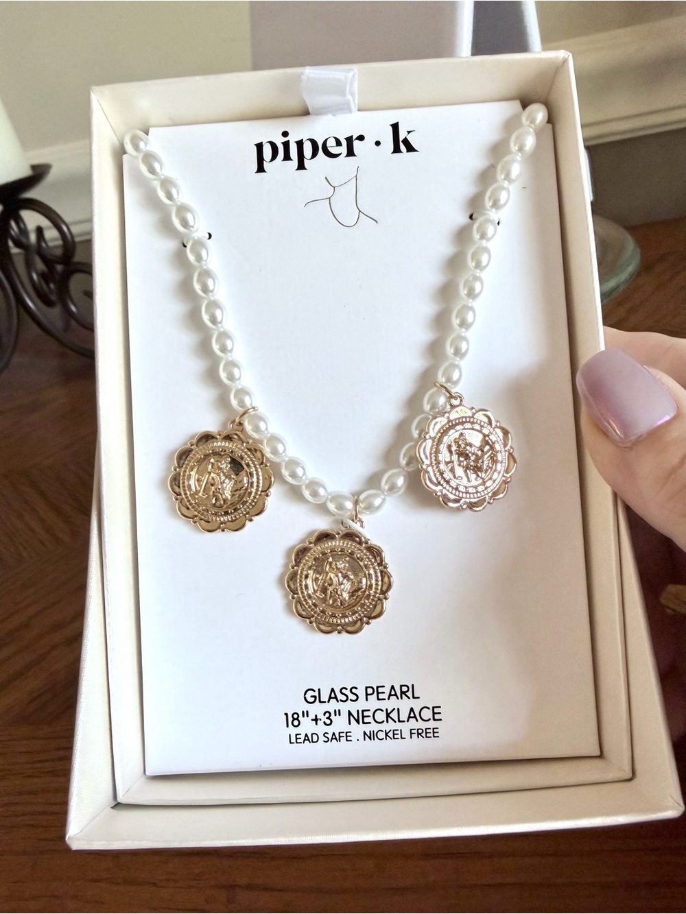 Piper k White glass Pearl Necklace with Gold Medallion Charms new